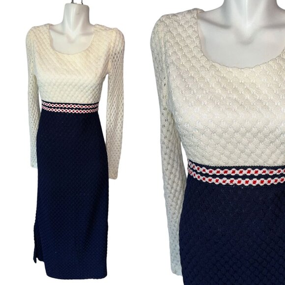 Vtg 70s Red White Blue Knit Crochet Style Maxi Mod Dress Long Sleeve Size Small - Picture 1 of 5